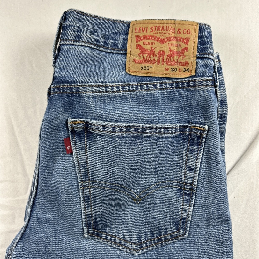 Levis 550 Jeans Mens 34x30 Blue Relaxed Fit Tapered Leg Denim Repaired /fixed